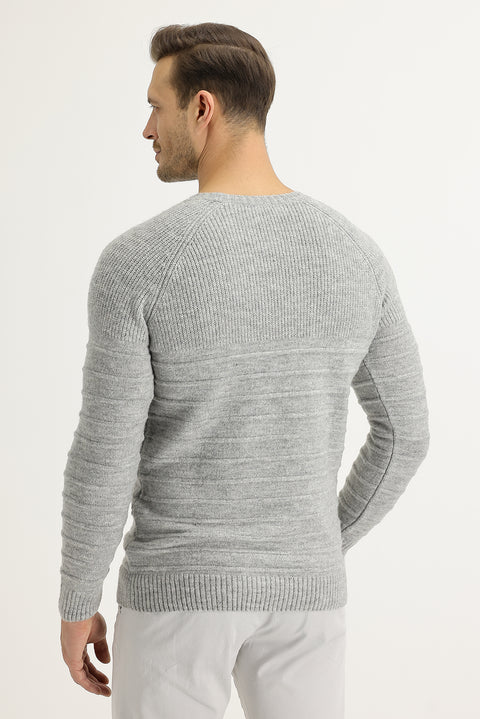 Açık Gri Melanj Bisiklet Yaka Slim Fit Dar Kesim Yünlü Desenli Triko Kazak