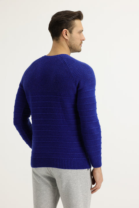 Saks Mavi Bisiklet Yaka Slim Fit Dar Kesim Yünlü Desenli Triko Kazak