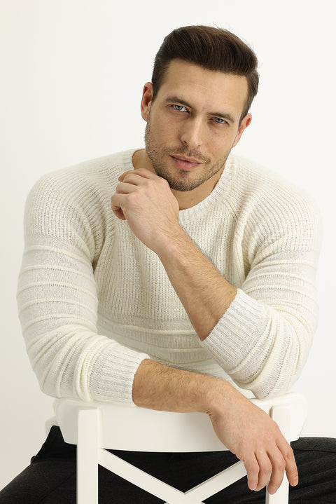 Ekru Bisiklet Yaka Slim Fit Dar Kesim Yünlü Desenli Triko Kazak