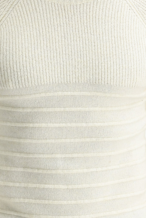 Ekru Bisiklet Yaka Slim Fit Dar Kesim Yünlü Desenli Triko Kazak