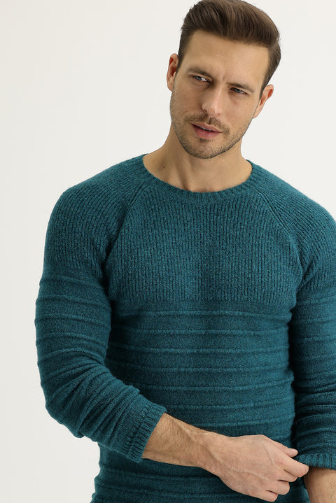 Zümrüt Yeşili Bisiklet Yaka Slim Fit Dar Kesim Yünlü Desenli Triko Kazak