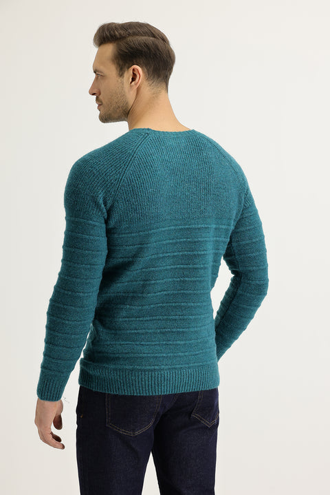 Zümrüt Yeşili Bisiklet Yaka Slim Fit Dar Kesim Yünlü Desenli Triko Kazak