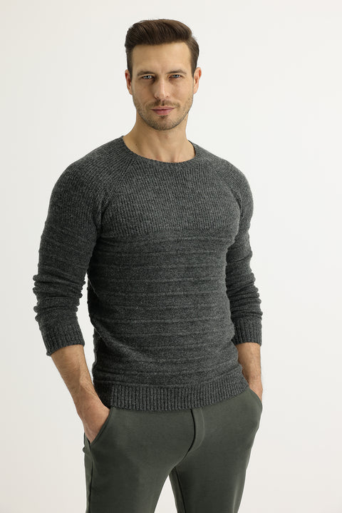 Koyu Antrasit Bisiklet Yaka Slim Fit Dar Kesim Yünlü Desenli Triko Kazak