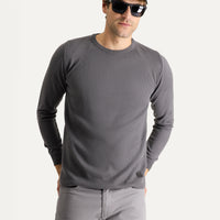 Orta Gri Bisiklet Yaka Slim Fit Dar Kesim Desenli Triko Kazak