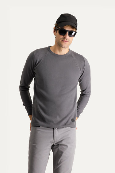 Orta Gri Bisiklet Yaka Slim Fit Dar Kesim Desenli Triko Kazak