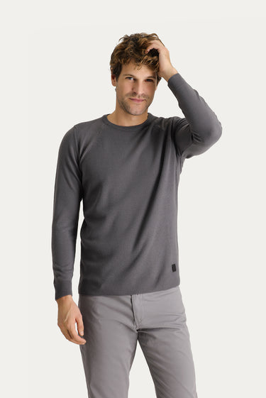 Orta Gri Bisiklet Yaka Slim Fit Dar Kesim Desenli Triko Kazak