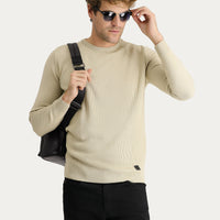 Orta Bej Bisiklet Yaka Slim Fit Dar Kesim Desenli Triko Kazak