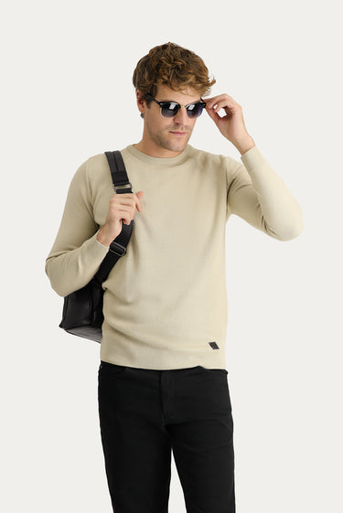 Orta Bej Bisiklet Yaka Slim Fit Dar Kesim Desenli Triko Kazak