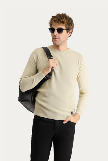 Orta Bej Bisiklet Yaka Slim Fit Dar Kesim Desenli Triko Kazak