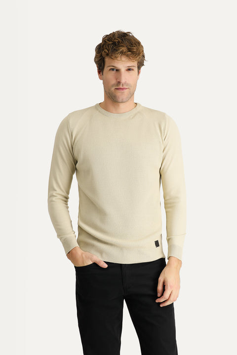 Orta Bej Bisiklet Yaka Slim Fit Dar Kesim Desenli Triko Kazak