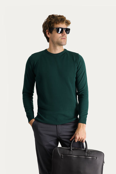 Petrol Yeşili Bisiklet Yaka Slim Fit Dar Kesim Desenli Triko Kazak