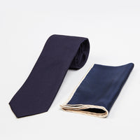 Orta Lacivert 2'li Düz İpek Kravat & Mendil Seti