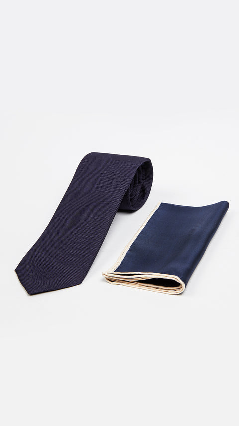 Orta Lacivert 2'li Düz İpek Kravat & Mendil Seti