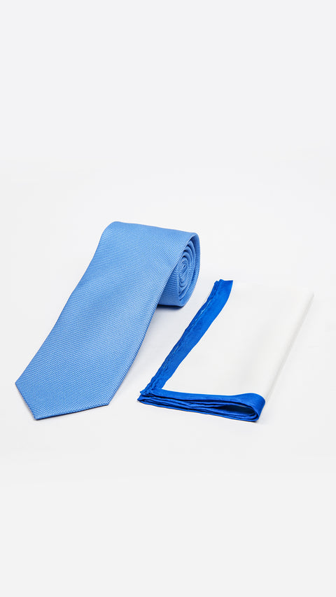 Açık Mavi 2'li Düz İpek Kravat & Mendil Seti
