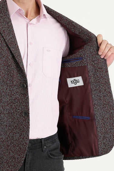 Açık Bordo Relaxed Fit Rahat Kesim Desenli Yünlü Ceket