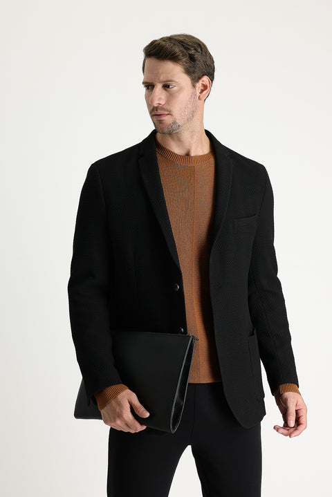 Siyah 7 Drop Super Slim Fit Eksra Dar Kesim Desenli Ceket