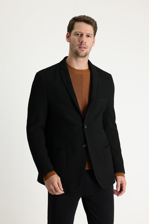 Siyah 7 Drop Super Slim Fit Eksra Dar Kesim Desenli Ceket