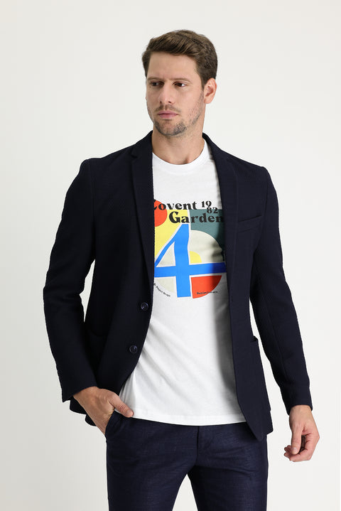 Koyu Lacivert 7 Drop Super Slim Fit Eksra Dar Kesim Desenli Ceket