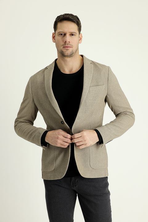 Orta Bej 7 Drop Super Slim Fit Eksra Dar Kesim Desenli Ceket