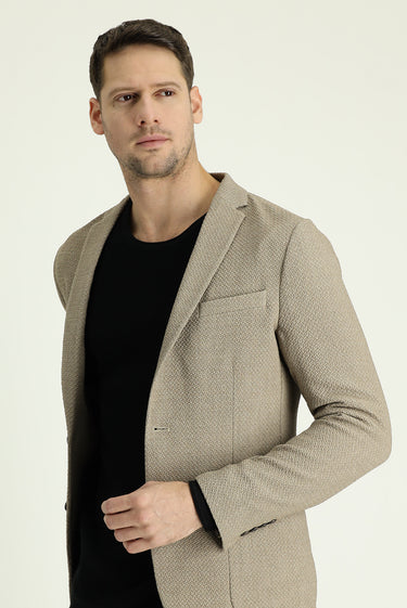 Orta Bej Super Slim Fit Ekstra Dar Kesim Desenli Ceket