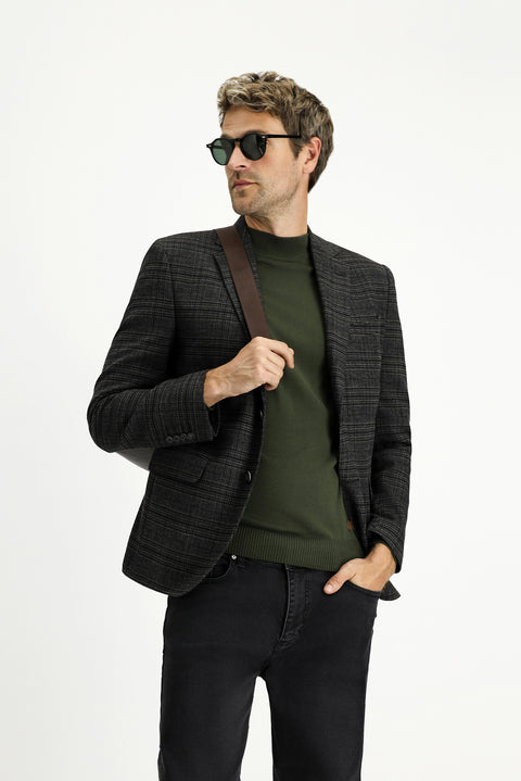 Siyah 7 Drop Slim Fit Dar Kesim Ekose Blazer Ceket