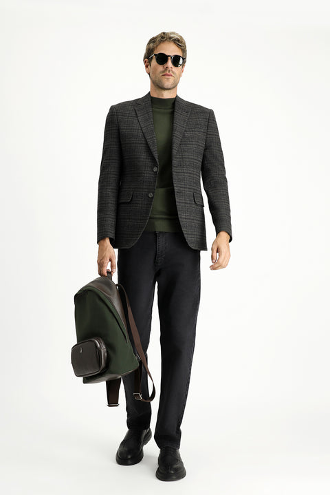 Siyah 7 Drop Slim Fit Dar Kesim Ekose Blazer Ceket