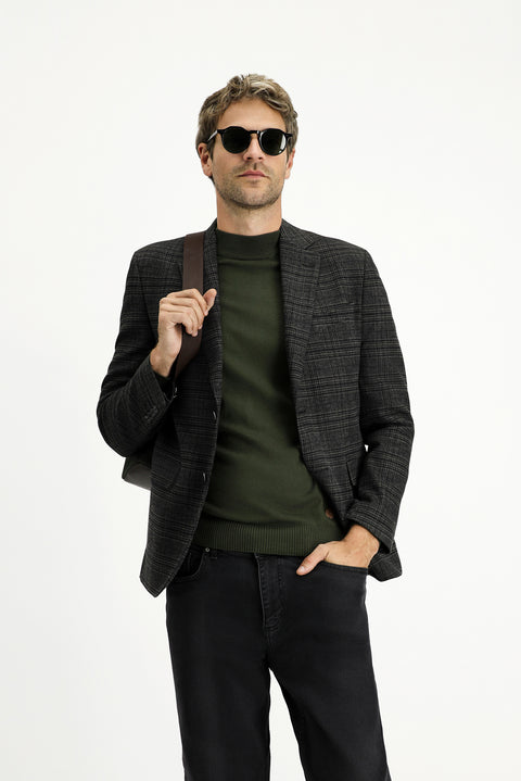 Siyah 7 Drop Slim Fit Dar Kesim Ekose Blazer Ceket