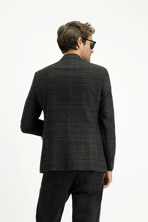 Siyah 7 Drop Slim Fit Dar Kesim Ekose Blazer Ceket