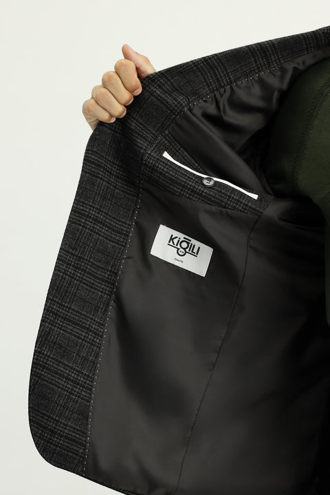 Siyah 7 Drop Slim Fit Dar Kesim Ekose Blazer Ceket
