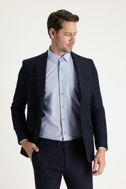 Orta Lacivert 4 Drop Relaxed Fit Rahat Kesim Klasik Desenli Ceket