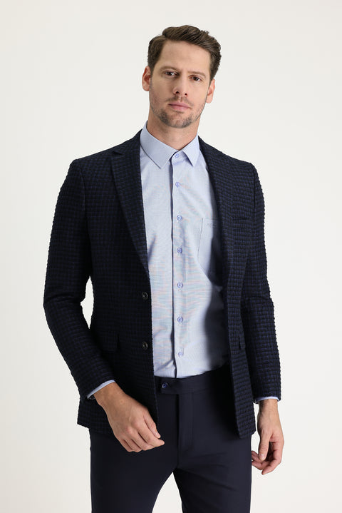 Orta Lacivert 4 Drop Relaxed Fit Rahat Kesim Klasik Desenli Ceket