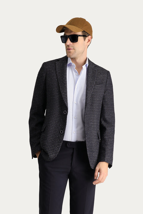 Koyu Lacivert 4 Drop Relaxed Fit Rahat Kesim Klasik Desenli Ceket