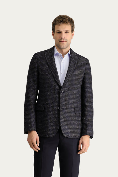 Koyu Lacivert 4 Drop Relaxed Fit Rahat Kesim Klasik Desenli Ceket