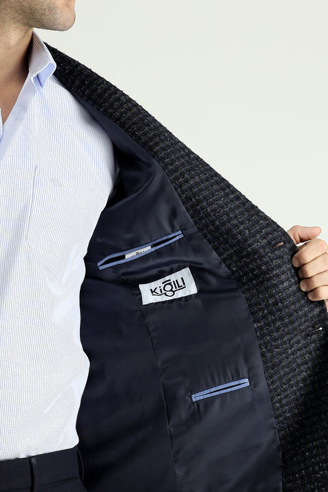 Koyu Lacivert 4 Drop Relaxed Fit Rahat Kesim Klasik Desenli Ceket