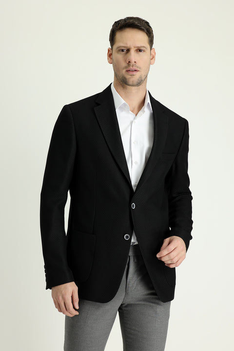 Siyah 8 Drop Muscle Fit Uzun Atletik Kesim Desenli Spor Ceket