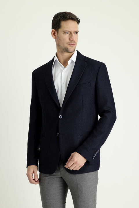 Koyu Lacivert 8 Drop Muscle Fit Uzun Atletik Kesim Desenli Spor Ceket