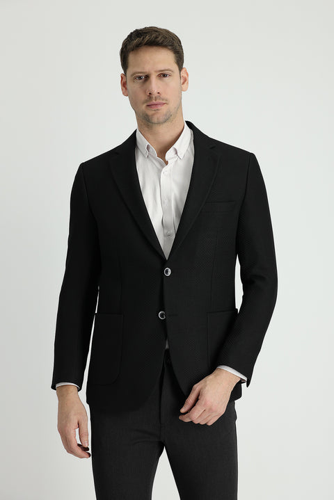 Siyah 7 Drop Slim Fit Dar Kesim Desenli Spor Ceket