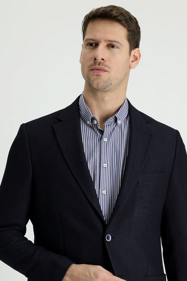 Koyu Lacivert Slim Fit Dar Kesim Desenli Spor Ceket