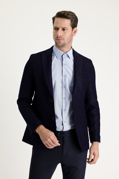 Dark Navy 4-Drop Relaxed Fit Patterned Wool Jacket