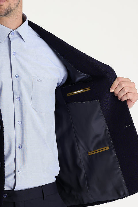 Koyu Lacivert 6 Drop Regular Fit Standart Kesim Desenli Yünlü Ceket
