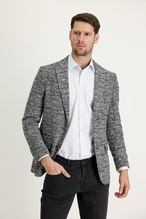 Orta Gri 6 Drop Regular Fit Standart Kesim Yünlü Kuşgözü Ceket
