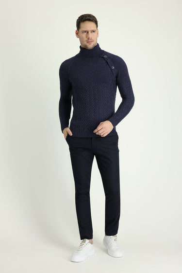 Orta Lacivert Regular Fit Likralı Kanvas / Chino Pantolon