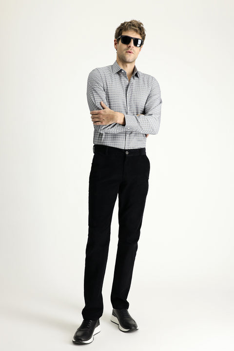 Black Regular Fit Standard Cut Lycra Velvet Trousers
