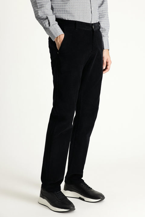 Black Regular Fit Standard Cut Lycra Velvet Trousers