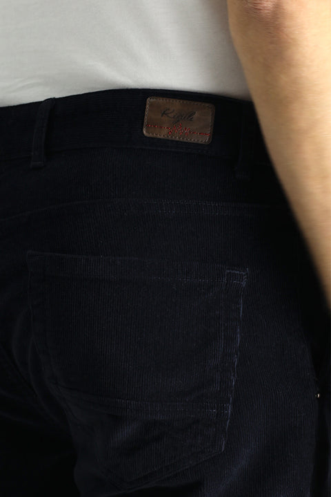 Dark Navy Regular Fit Standard Cut Lycra Corduroy Trousers