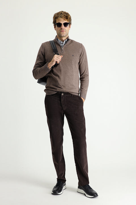 Orta Kahve 7 Drop Slim Fit Dar Kesim Likralı Kadife Pantolon