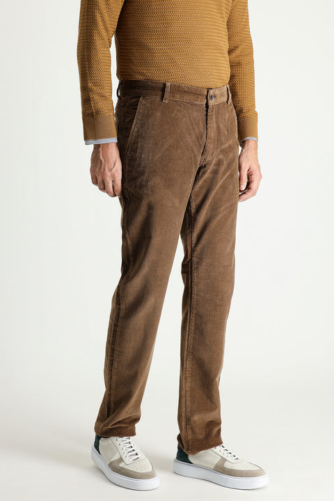 Koyu Bej 7 Drop Slim Fit Dar Kesim Likralı Kadife Pantolon