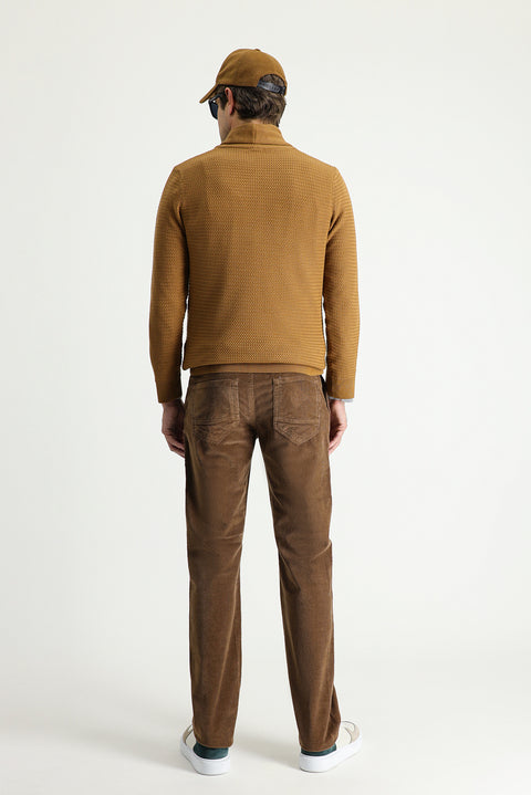 Koyu Bej 7 Drop Slim Fit Dar Kesim Likralı Kadife Pantolon