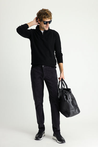Koyu Antrasit Slim Fit Dar Kesim Likralı Kadife Pantolon