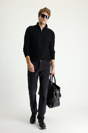 Koyu Antrasit Slim Fit Dar Kesim Likralı Kadife Pantolon